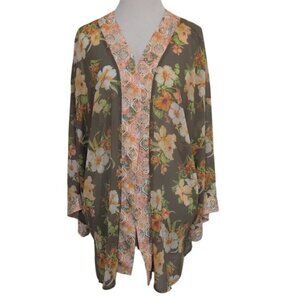 Cato Floral Open Kimono Womens Size Large Green Orange Sheer Festival Boho